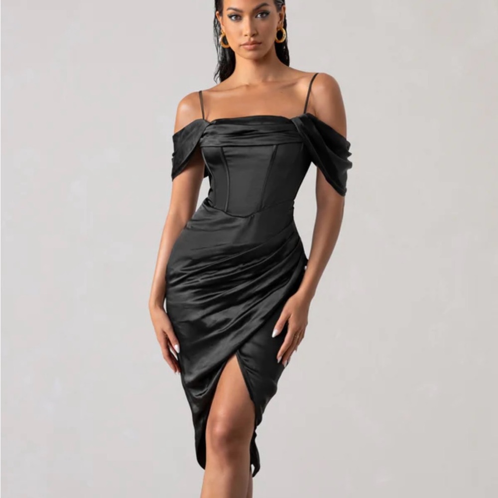Black Satin Corset Wrap Midi Dress